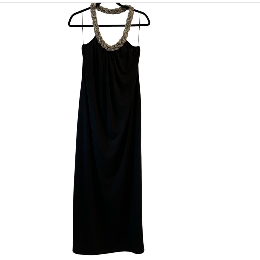 Spense Y2K Black Jersey Halter Maxi Dress Silver Beaded Rope Chain Neckline 12